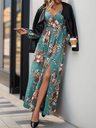 Shop Perfee Slit Printed Surplice Long Sleeve Maxi Dress - High-Quality U.S. Made Women’s Fashion with Free & Fast Shipping