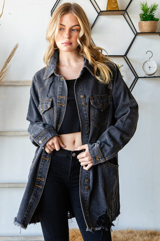 Shop Veveret Button Up Distressed Frayed Hem Denim Jacket - High-Quality U.S. Made Women’s Fashion with Free & Fast Shipping