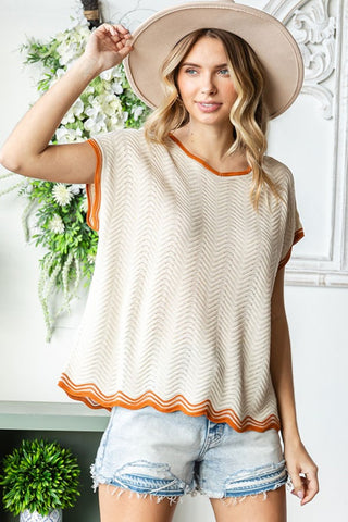 Shop Beige First Love Full Size Contrast Wavy Crochet Drop Shoulder Knit Top - High-Quality U.S. Made Women’s Fashion with Free & Fast Shipping