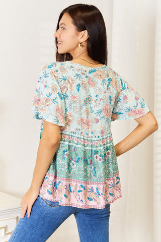 Shop Floral Tie Neck Short Sleeve Blouse - High-Quality U.S. Made Women’s Fashion with Free & Fast Shipping