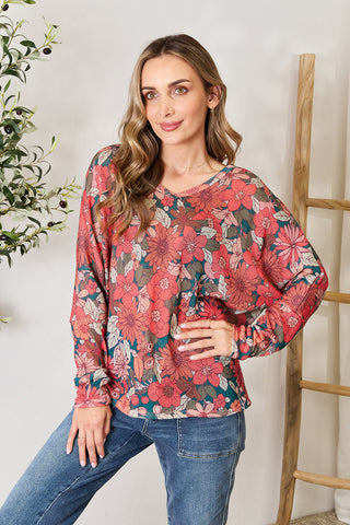 Shop Red Green Hopely Full Size Floral Print V-Neck Long Sleeve Blouse - High-Quality U.S. Made Women’s Fashion with Free & Fast Shipping