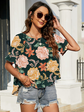 Shop Floral Ruffled Short Sleeve Blouse - High-Quality U.S. Made Women’s Fashion with Free & Fast Shipping