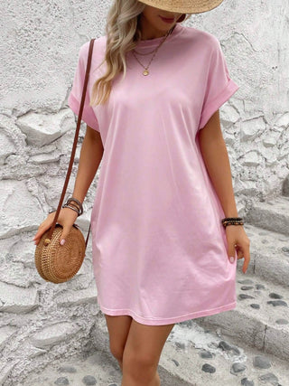 Shop Blush Pink Round Neck Short Sleeve Mini Dress - High-Quality U.S. Made Women’s Fashion with Free & Fast Shipping