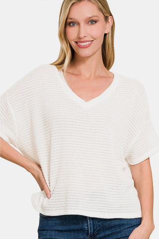 Shop Off White Zenana Drop Shoulder Short Sleeve Jacquard Knit Top - High-Quality U.S. Made Women’s Fashion with Free & Fast Shipping