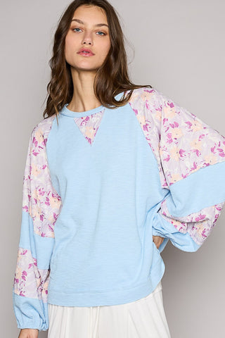 Shop Sky Blue Multi POL Round Neck Balloon Floral Long Sleeve Top - High-Quality U.S. Made Women’s Fashion with Free & Fast Shipping