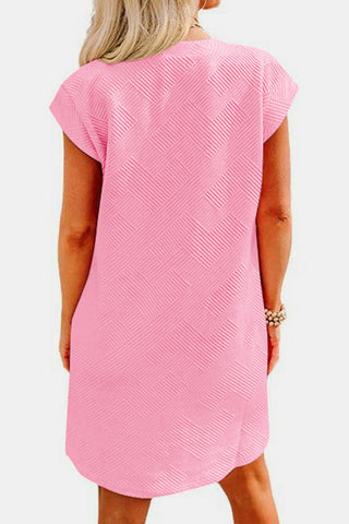 Shop Blush Pink Textured Round Neck Cap Sleeve Dress - High-Quality U.S. Made Women’s Fashion with Free & Fast Shipping