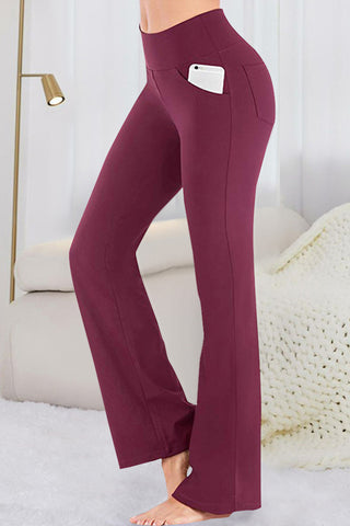 Shop Burgundy Pocketed High Waist Active Pants - High-Quality U.S. Made Women’s Fashion with Free & Fast Shipping