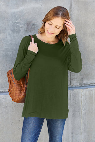 Shop Army Green Basic Bae Full Size Round Neck Dropped Shoulder T-Shirt - High-Quality U.S. Made Women’s Fashion with Free & Fast Shipping