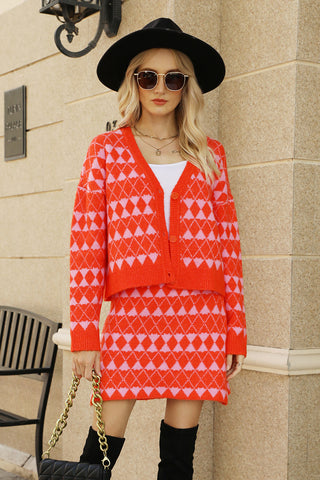 Shop Red Geometric Button Front Cardigan and Skirt Set - High-Quality U.S. Made Women’s Fashion with Free & Fast Shipping