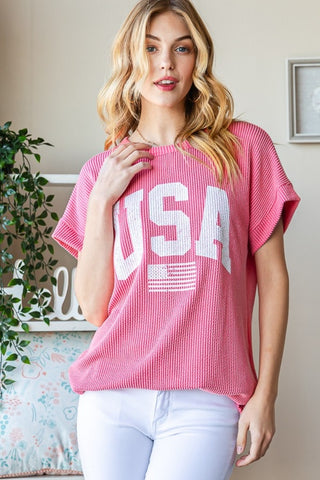 Shop Heimish Full Size USA Graphic Short Sleeve Ribbed Top - High-Quality U.S. Made Women’s Fashion with Free & Fast Shipping