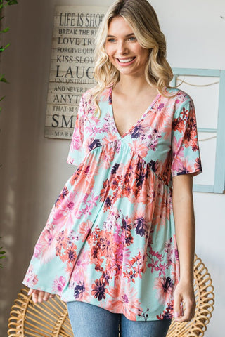 Shop Heimish Full Size Floral V-Neck Short Sleeve Babydoll Blouse - High-Quality U.S. Made Women’s Fashion with Free & Fast Shipping