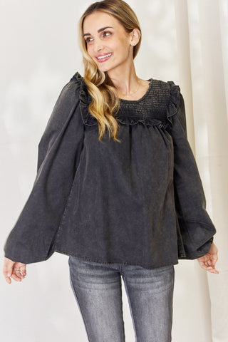 Shop Black HEYSON Full Size Mineral Wash Smocked Round Neck Blouse - High-Quality U.S. Made Women’s Fashion with Free & Fast Shipping