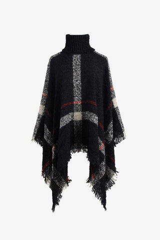 Shop Plaid Turtleneck Raw Hem Poncho - High-Quality U.S. Made Women’s Fashion with Free Fast Shipping