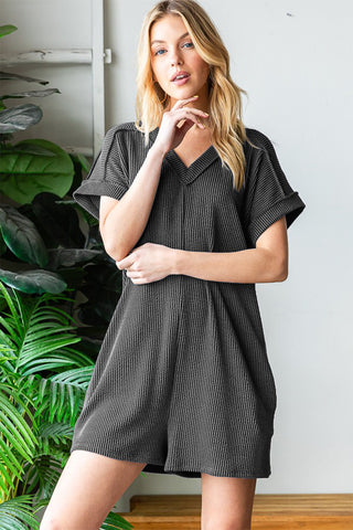 Shop Charcoal Heimish Full Size Short Sleeve Ribbed Romper with Pockets - High-Quality U.S. Made Women’s Fashion with Free & Fast Shipping