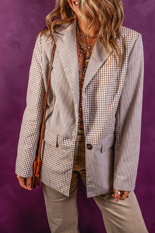 Shop Tan Plaid Lapel Collar Pocketed Long Sleeve Blazer - High-Quality U.S. Made Women’s Fashion with Free & Fast Shipping