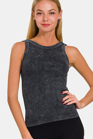 Shop Zenana 2 Way Neckline Washed Ribbed Cropped Tank - High-Quality U.S. Made Women’s Fashion with Free Fast Shipping