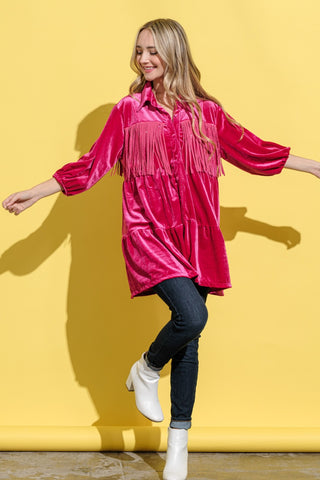 Shop And The Why Fringe Detailed Velvet Shirt Dress - High-Quality U.S. Made Women’s Fashion with Free & Fast Shipping