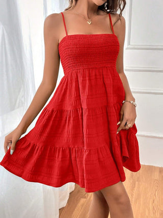 Shop Deep Red Tiered Smocked Square Neck Cami Dress - High-Quality U.S. Made Women’s Fashion with Free & Fast Shipping