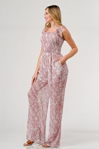 Shop GeeGee Printed Tie Shoulder Wide Leg Jumpsuit - High-Quality U.S. Made Women’s Fashion with Free & Fast Shipping