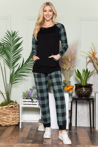 Shop Green Plaid Celeste Plaid Long Sleeve T-Shirt with Pockets - High-Quality U.S. Made Women’s Fashion with Free & Fast Shipping