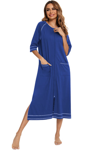 Shop Zip Up Slit Round Neck Night Dress with Pockets - High-Quality U.S. Made Women’s Fashion with Free & Fast Shipping