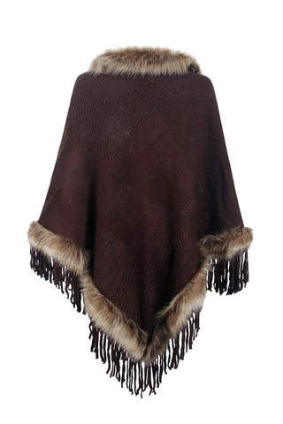 Shop Faux Fur Trim Fringed Poncho - High-Quality U.S. Made Women’s Fashion with Free & Fast Shipping