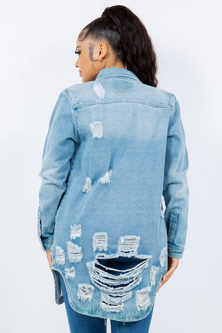 Shop American Bazi Distressed Button Up Long Sleeve Denim Jacket - High-Quality U.S. Made Women’s Fashion with Free Fast Shipping