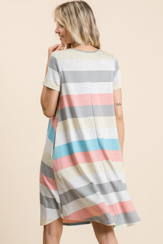 Shop BOMBOM Striped Short Sleeve Dress with Pockets - High-Quality U.S. Made Women’s Fashion with Free & Fast Shipping