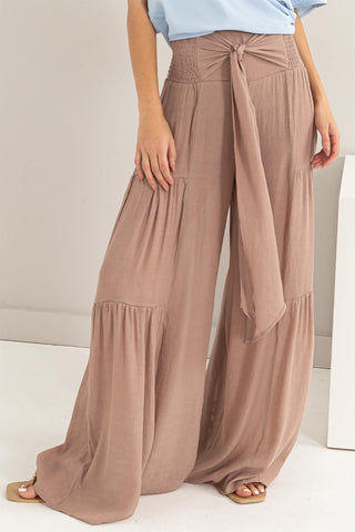 Shop Taupe HYFVE Tie Front Ruched Tiered Pants - High-Quality U.S. Made Women’s Fashion with Free & Fast Shipping