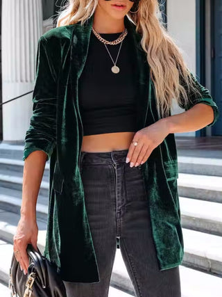 Shop Dark Green Button Up Long Sleeve Blazer with Pocket - High-Quality U.S. Made Women’s Fashion with Free & Fast Shipping