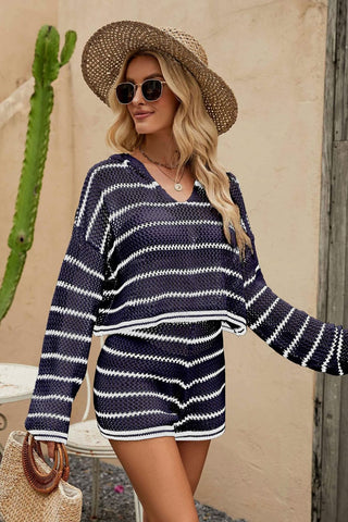 Shop Striped Openwork Knit Hoodie and Shorts Set - High-Quality U.S. Made Women’s Fashion with Free Fast Shipping