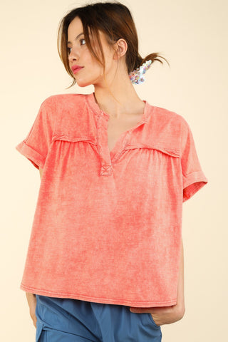 Shop Coral VERY J Nochted Short Sleeve Washed T-Shirt - High-Quality U.S. Made Women’s Fashion with Free & Fast Shipping