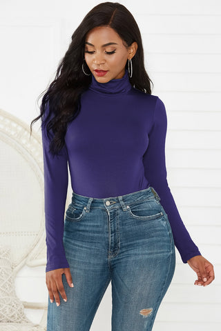 Shop Dark Blue Turtleneck Long Sleeve Bodysuit - High-Quality U.S. Made Women’s Fashion with Free & Fast Shipping