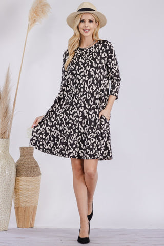 Shop Black Celeste Full Size Leopard Three-Quarter Sleeve Dress with Pockets - High-Quality U.S. Made Women’s Fashion with Free & Fast Shipping