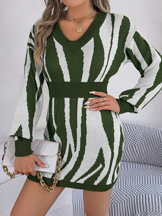 Shop Army Green Animal Print V-Neck Long Sleeve Sweater Dress - High-Quality U.S. Made Women’s Fashion with Free & Fast Shipping