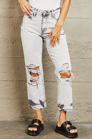 Shop Light Gray BAYEAS Acid Wash Accent Cropped Mom Jeans - High-Quality U.S. Made Women’s Fashion with Free & Fast Shipping