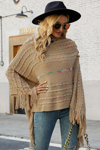 Shop Cloak Sleeve Fringe Detail Poncho - High-Quality U.S. Made Women’s Fashion with Free Fast Shipping