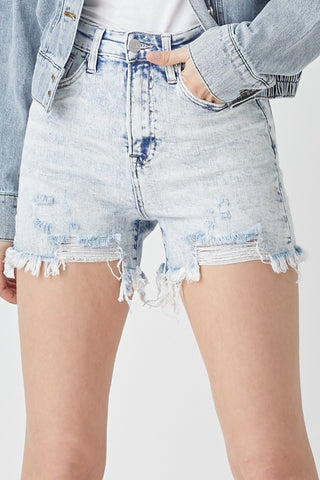 Shop RISEN Raw Hem Distressed High Rise Denim Shorts - High-Quality U.S. Made Women’s Fashion with Free Fast Shipping