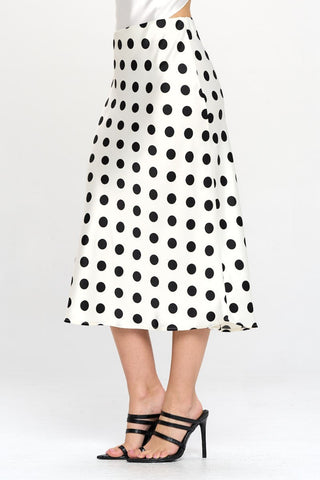 Shop RENEE C Polka Dot Satin Midi Skirt - High-Quality U.S. Made Women’s Fashion with Free & Fast Shipping