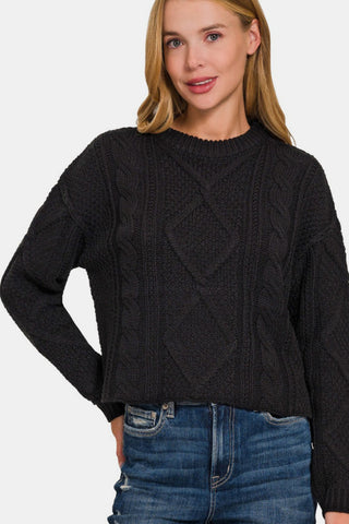 Shop Black Zenana Cropped High Low Cable Sweater with Side Slits - High-Quality U.S. Made Women’s Fashion with Free & Fast Shipping