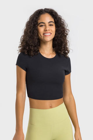 Shop Black Millennia Round Neck Short Sleeve Cropped Sports T-Shirt - High-Quality U.S. Made Women’s Fashion with Free & Fast Shipping