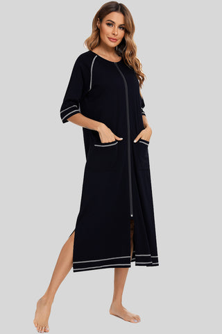 Shop Zip Up Slit Round Neck Night Dress with Pockets - High-Quality U.S. Made Women’s Fashion with Free Fast Shipping