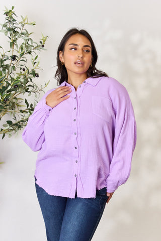 Shop B Lavender Zenana Full Size Texture Button Up Raw Hem Long Sleeve Shirt - High-Quality U.S. Made Women’s Fashion with Free & Fast Shipping