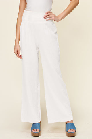 Shop White Double Take Full Size Texture Smocked Waist Wide Leg Pants - High-Quality U.S. Made Women’s Fashion with Free & Fast Shipping