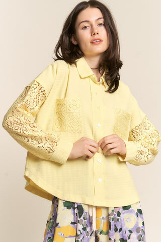 Shop Yellow J.NNA Button Down Lace Long Sleeve Waffle Shirt - High-Quality U.S. Made Women’s Fashion with Free & Fast Shipping