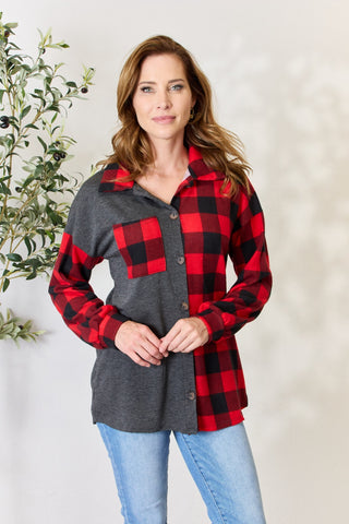 Shop RED BLACK Heimish Full Size Plaid Button Down Shacket - High-Quality U.S. Made Women’s Fashion with Free & Fast Shipping