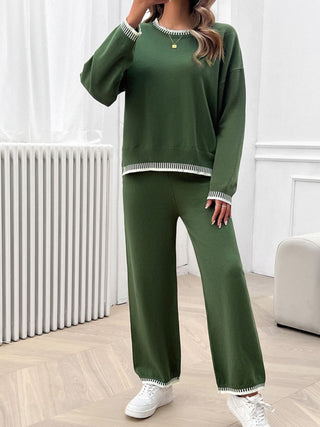 Shop Round Neck Dropped Shoulder Top and Pants Sweater Set - High-Quality U.S. Made Women’s Fashion with Free Fast Shipping