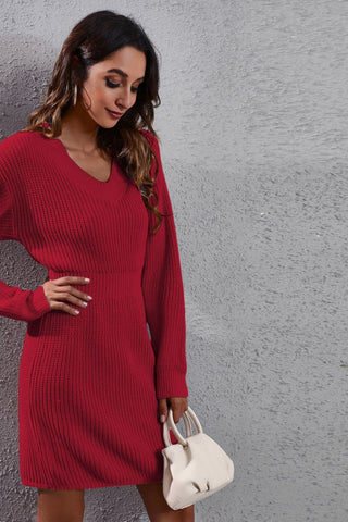 Shop V-Neck Long Sleeve Rib-Knit Sweater Dress - High-Quality U.S. Made Women’s Fashion with Free Fast Shipping