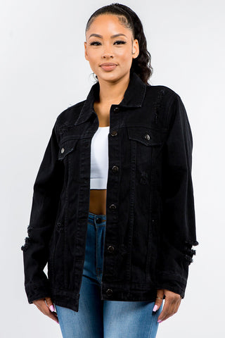 Shop Black American Bazi Full Size Button Up Distressed Denim Jacket - High-Quality U.S. Made Women’s Fashion with Free & Fast Shipping