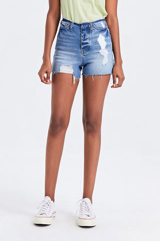 Shop MEDIUM BLUE BAYEAS High Rise Bandless Denim Shorts - High-Quality U.S. Made Women’s Fashion with Free & Fast Shipping